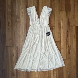 NWT Lulus Yours Evermore Cream Swiss Dot Ruffled Midi Dress Women’s Sz M Cottage